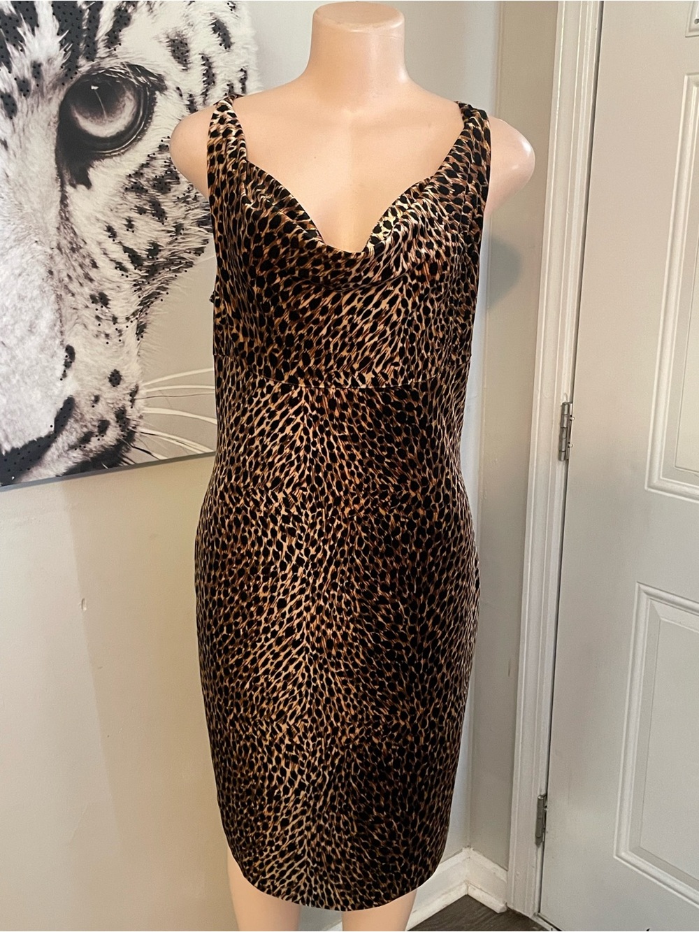 Leopard animal Print Cowl Neck Sheath Dress - Brown flattering silhouette USA L